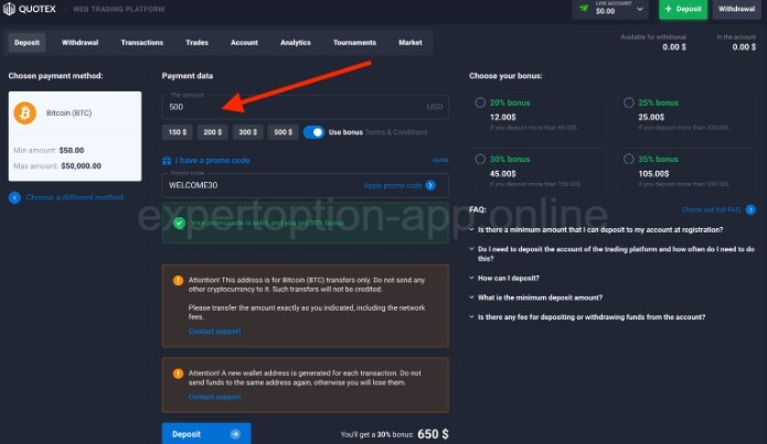 Quotex specifying the deposit amount