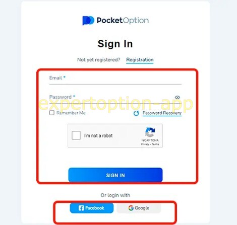 Pocket Option login form